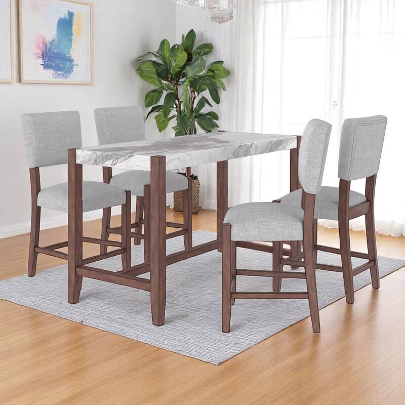 5-Piece Counter Height Dining Table Set with Faux Marble Top, Table and 4 Upholstered Chairs for Kitchen or Dining Room - White+gray