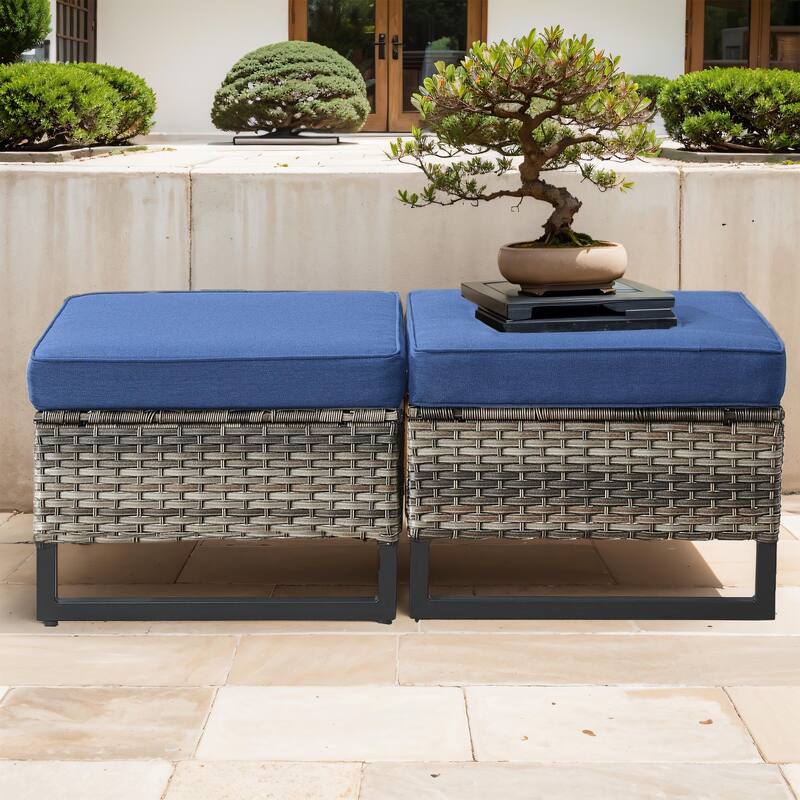 Gymojoy Outdoor Wicker Ottomans with Olefin Cushions - 2-Piece - Grey Wicker / Blue Cusion