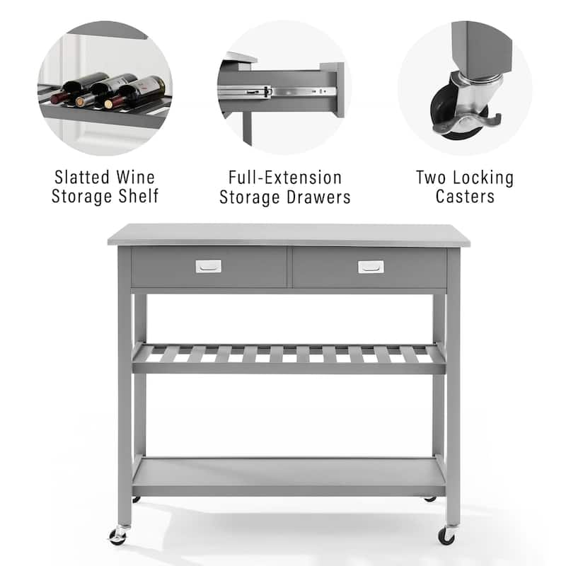 Kitchen Island Cart with Storage & Stainless Steel Top - Mobile Kitchen Cart with Drawers & Shelves