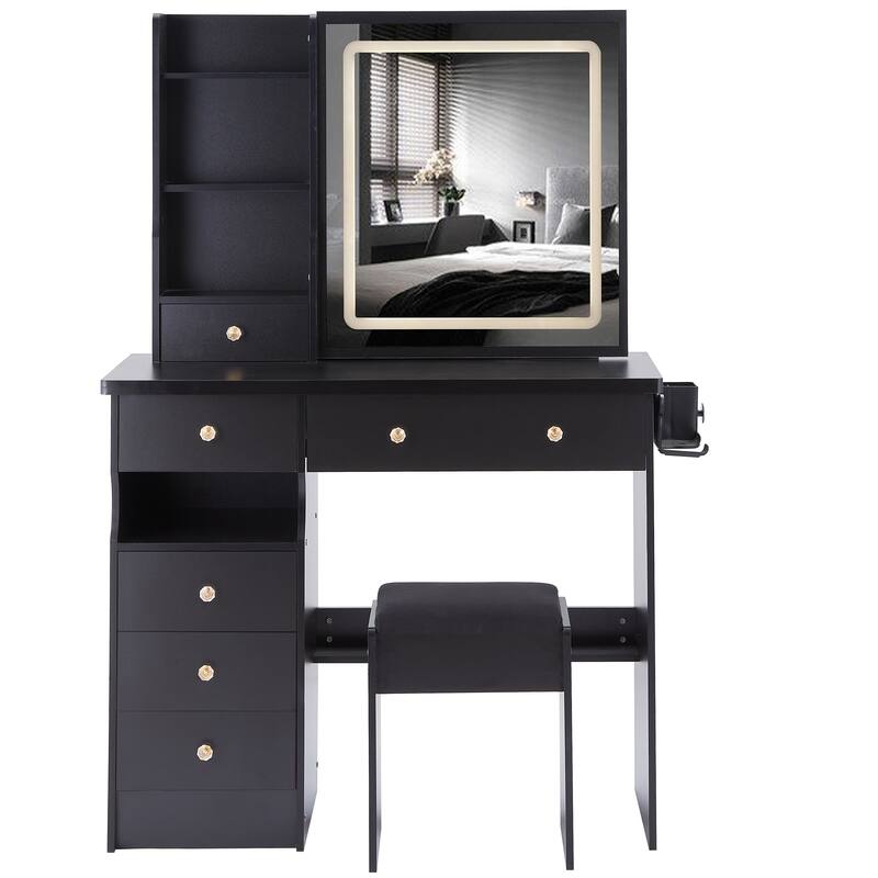 37" Middle Size Left Drawer Desktop Vanity Table + Cushioned Stool Dresser Set, Large Touch Control LED Sliding Mirror