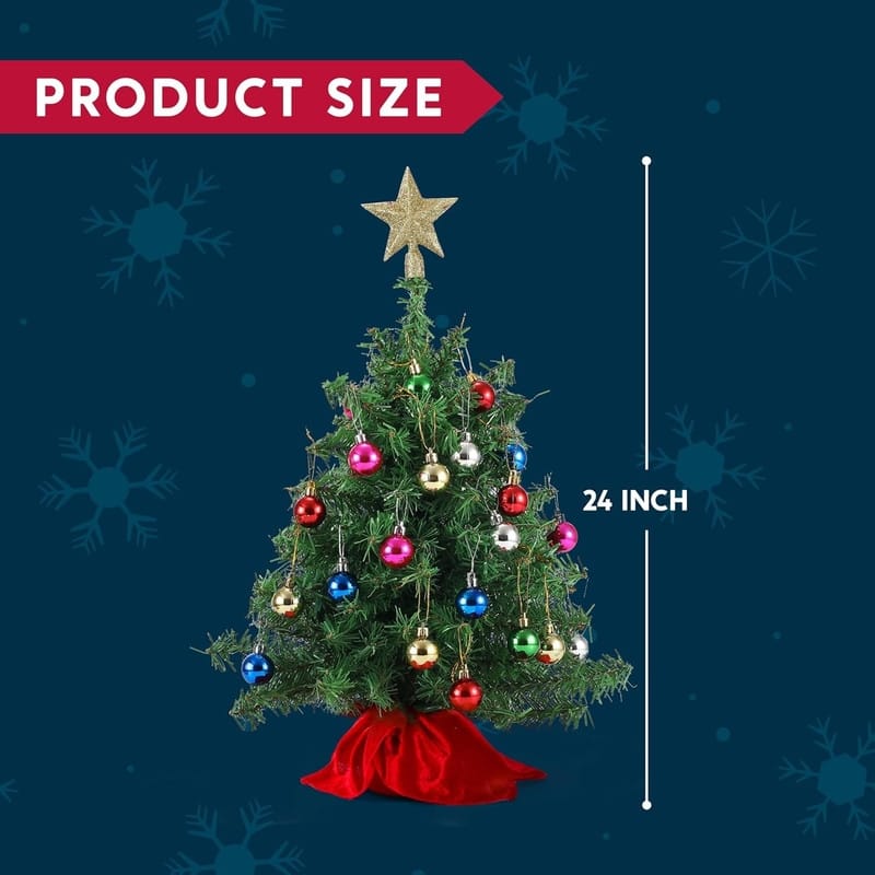 24"/2FT Mini Christmas Tree Tabletop Set with Clear LED Lights, with Star Treetop and Ornaments(Storage Bag Included)