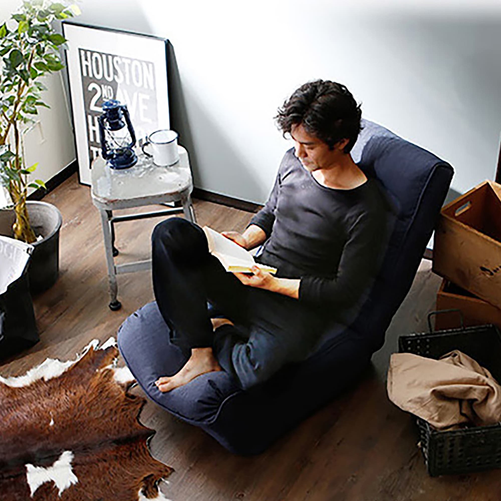 Versatile Folding Chair Single Tatami Sofa Reclining Chair with High Density Sponge and Soft Fabric Navy