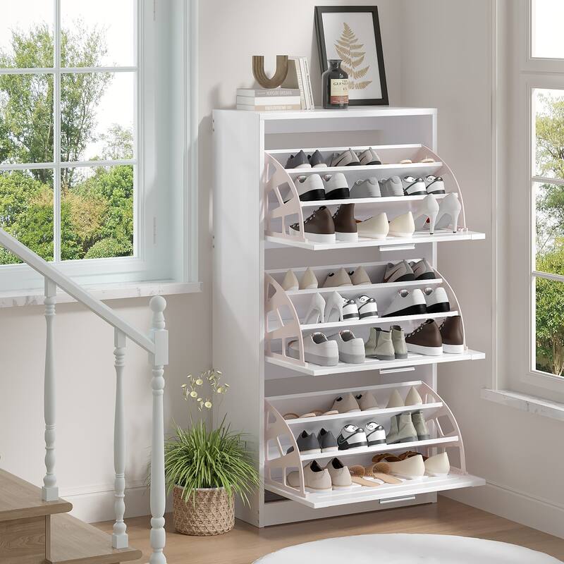 VECELO White 3-Tier Shoe Cabinet with Flip Drawer Silver Handles 47.24" Tall MDF Rack Removable laminate Design for Entryway