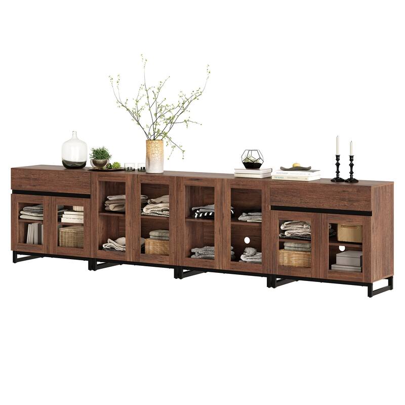 4 in 1 Multifunctional Sideboard Buffet with Glass Doors & 5 Drawers, Modern Credenza with Adjustable Shelf and Metal Base