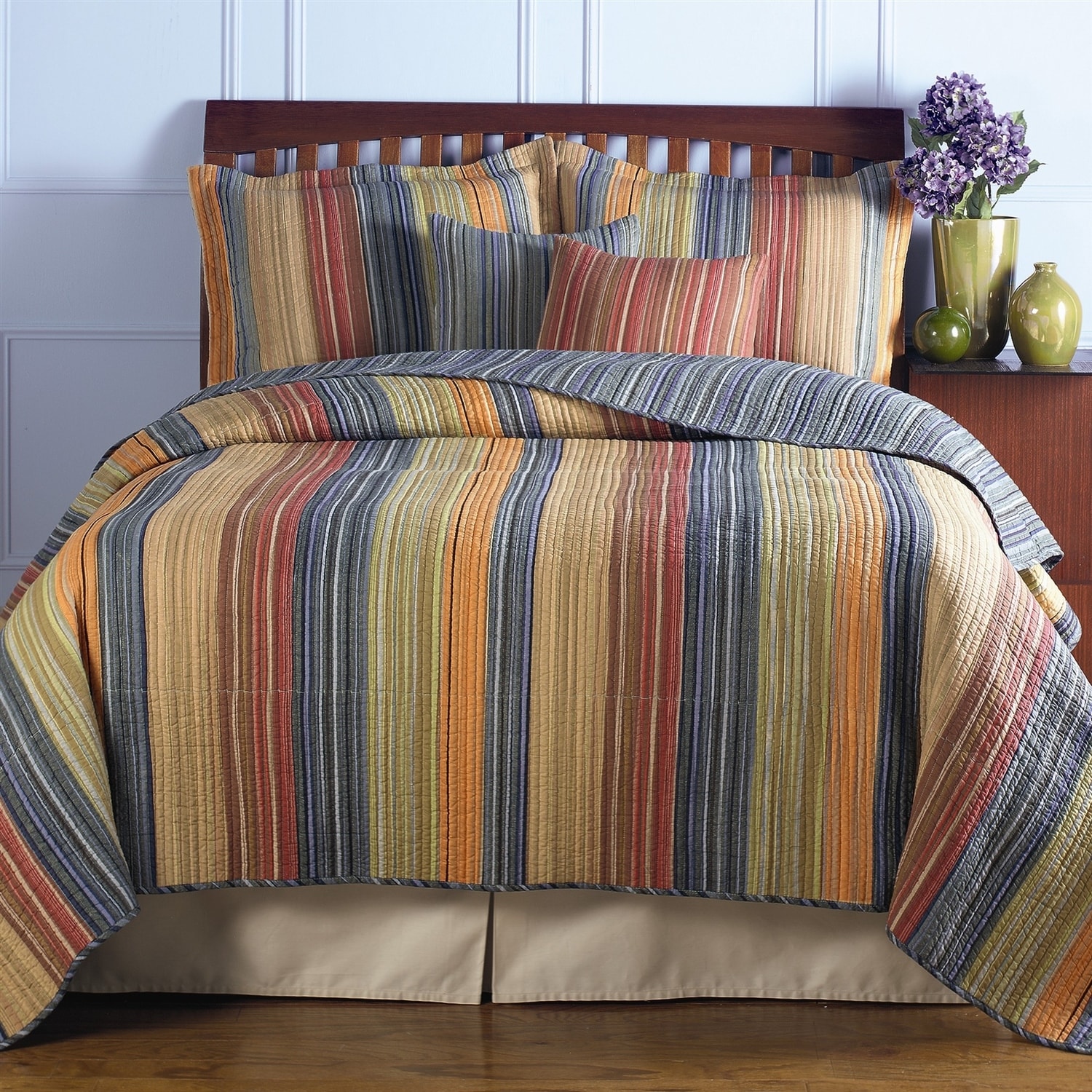 blue and brown striped bedroom