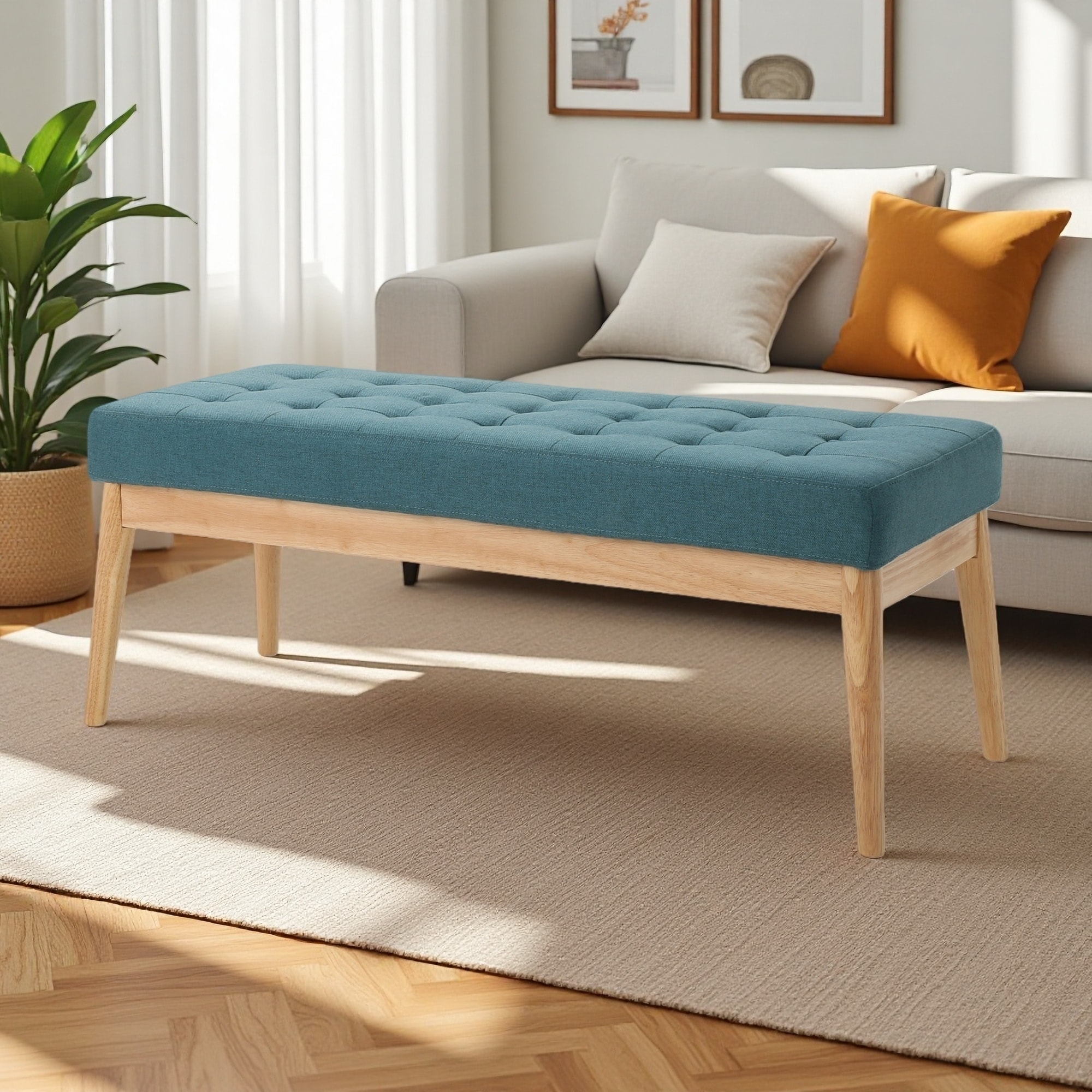 43.5"L Modern Bench with Tufted Seat & Birch Frame
