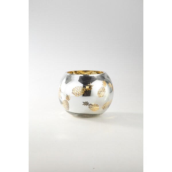8" Silver and Gold Colored Pineapple Pattern Fishbowl Shaped Glass Candle Holder - N/A