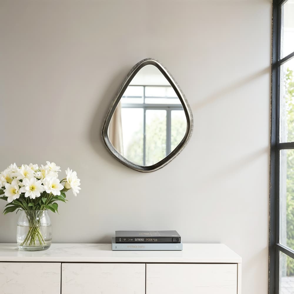 Metal Asymmetrical Mirror with Glass Wood Sculptural Modern Design