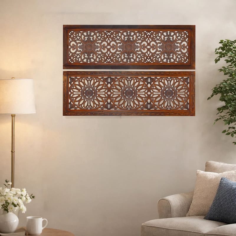 2 Piece Mango Wood Wall Panel Set with Mendallion Carving, Burnt Brown