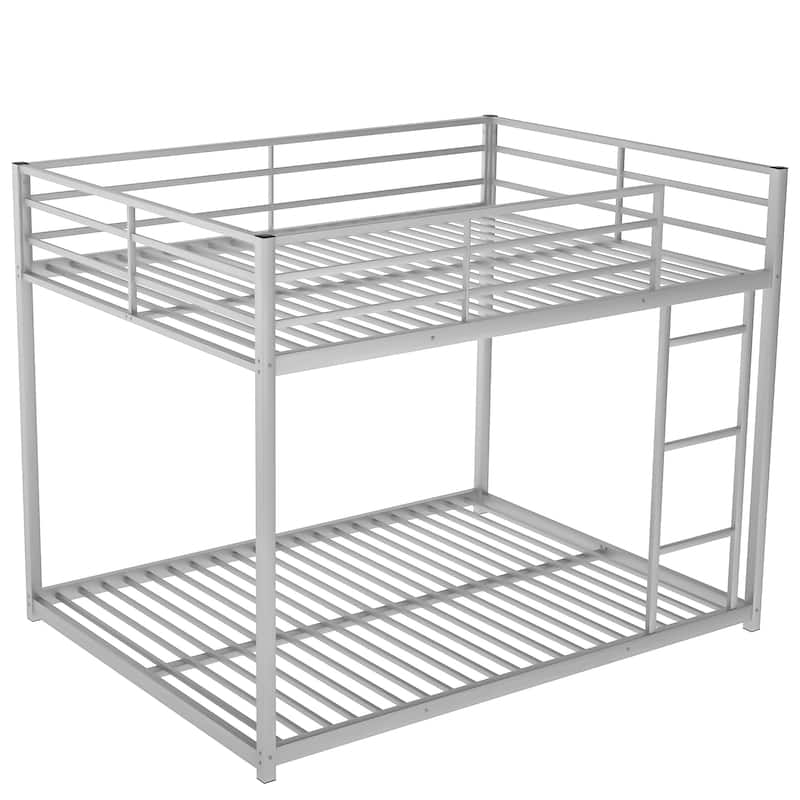 Full over Full Low Bunk Bed with Ladder, White Metal Frame