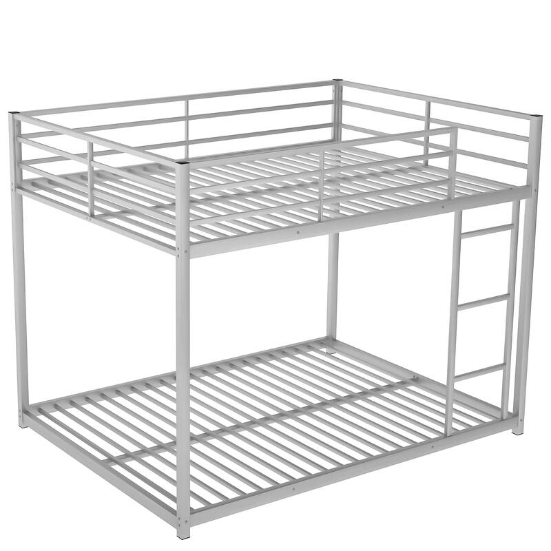 Full over Full Metal Low Bunk Bed with Ladder, Silver