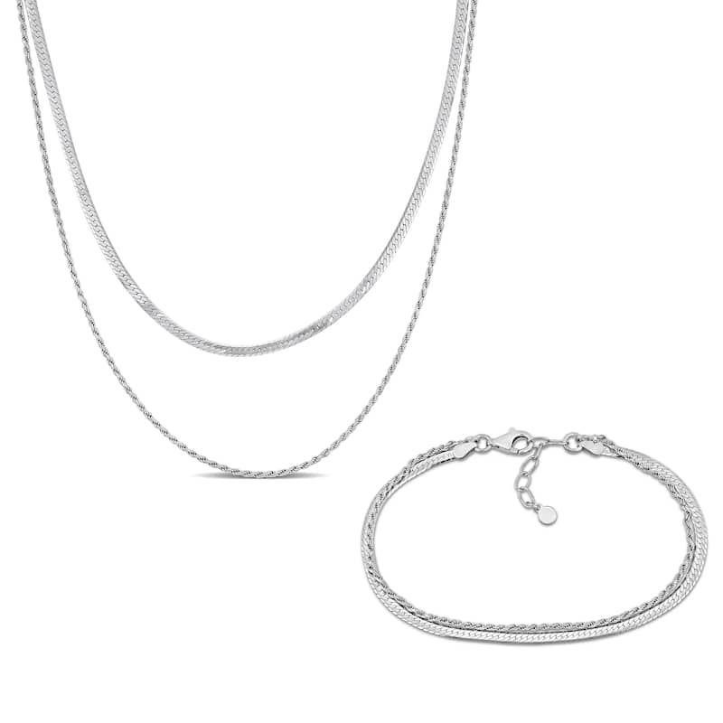 Miadora Sterling Silver Double Strand Herringbone and Rope Chain Necklace and Bracelet Set - White