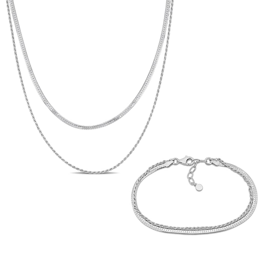 Miadora Sterling Silver Double Strand Herringbone and Rope Chain Necklace and Bracelet Set