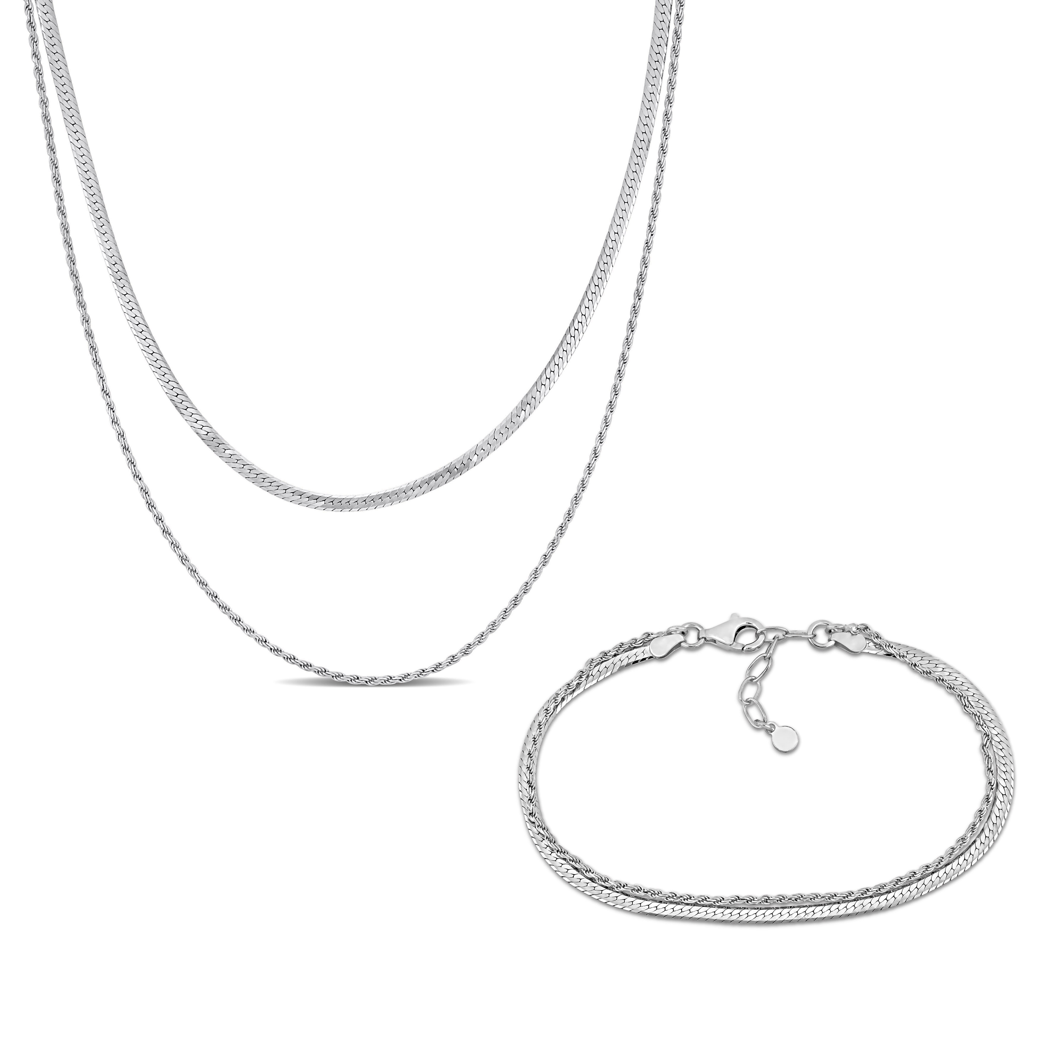 Miadora Sterling Silver Double Strand Herringbone and Rope Chain Necklace and Bracelet Set