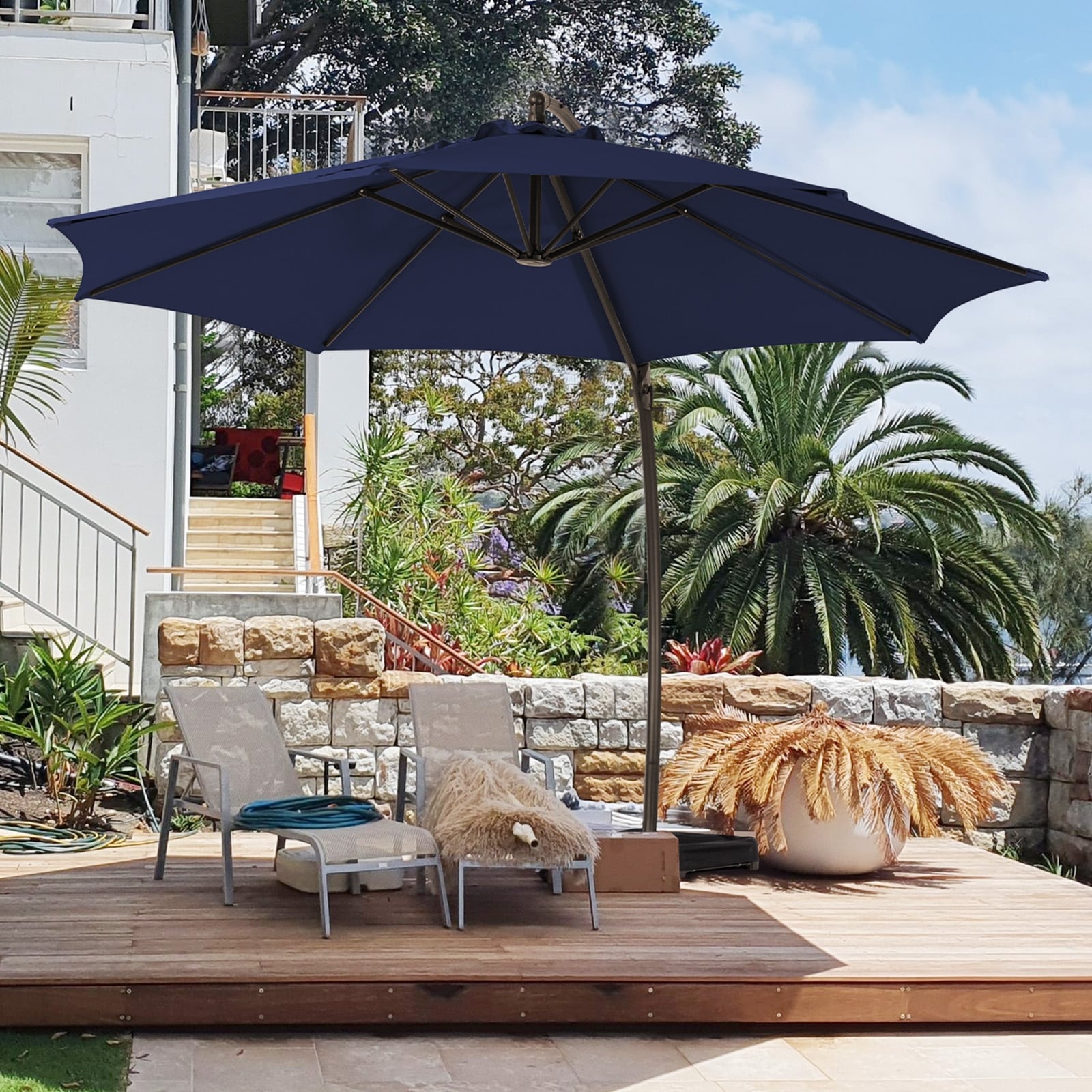 grand patio deluxe 10 ft curvy aluminum offset umbrella 10x13 large with base and gatherings Grand Patio Deluxe Curvy Aluminum