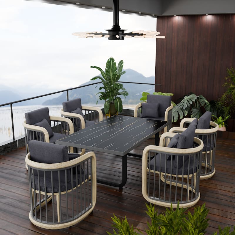 Klyra Outdoor Patio 7-Piece Dining Set Rectangular Dining Table and 6 Dining Arm Chairs in Aluminum with Olefin Cushions - Grey