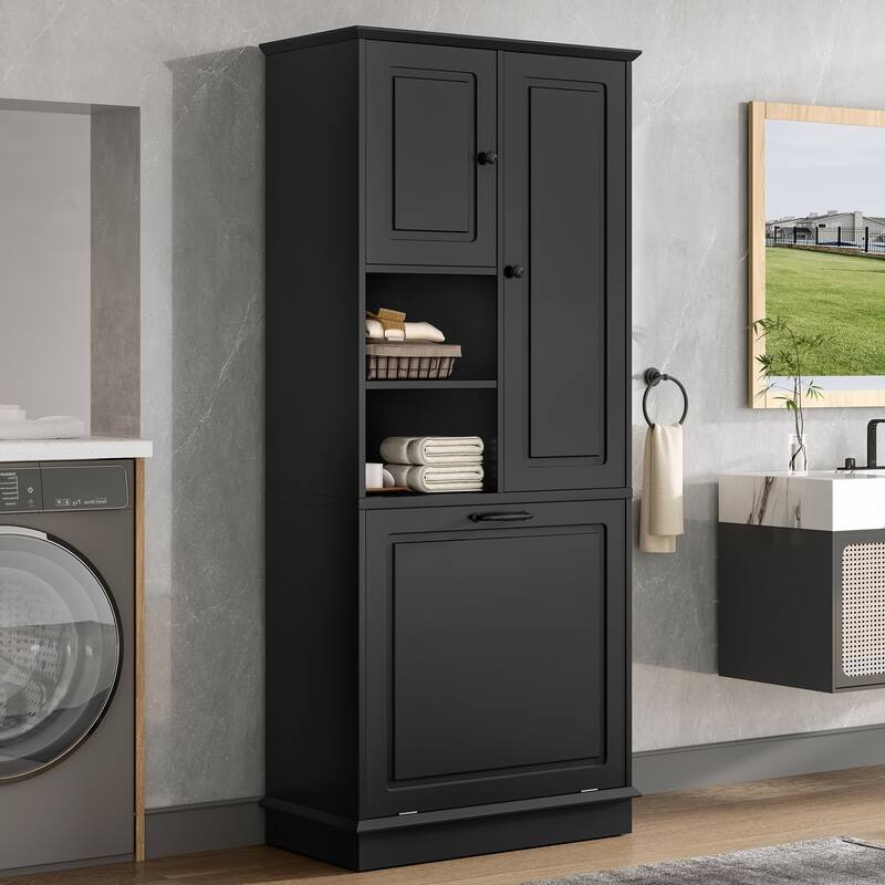 Roomfitters 67" Tall Storage Cabinet with Flip-Out Basket & Adjustable Shelves, MDF Linen Tower for Bathroom & Office - Black