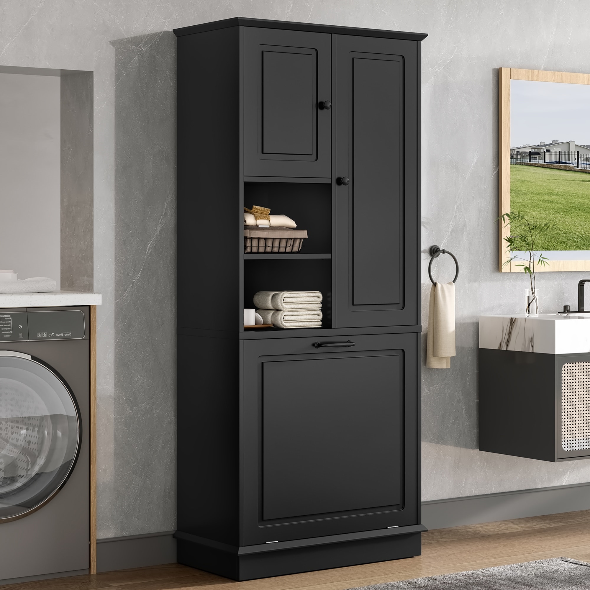 Roomfitters 67" Tall Storage Cabinet with Flip-Out Basket & Adjustable Shelves, MDF Linen Tower for Bathroom & Office