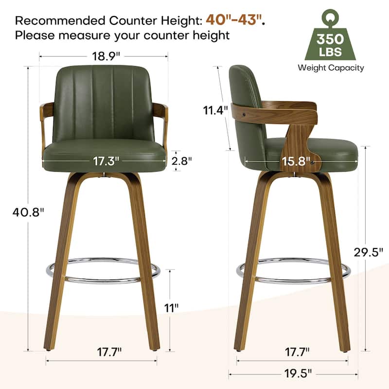 Upholstered Swivel Barstool with Arms and Bentwood Legs - 40.8"H x 18.9"W x 19.5"D/19.3"D