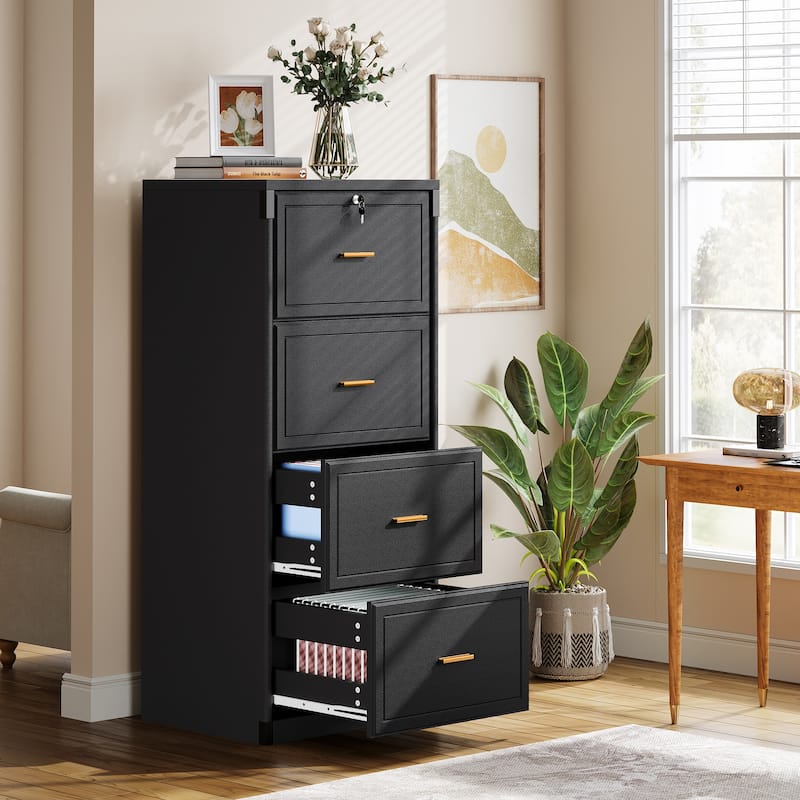 4-Drawer File Cabinet with Lock and Key, Vertical Filling Cabinet for A4/Letter/Legal Size Files - Black (1-PC)