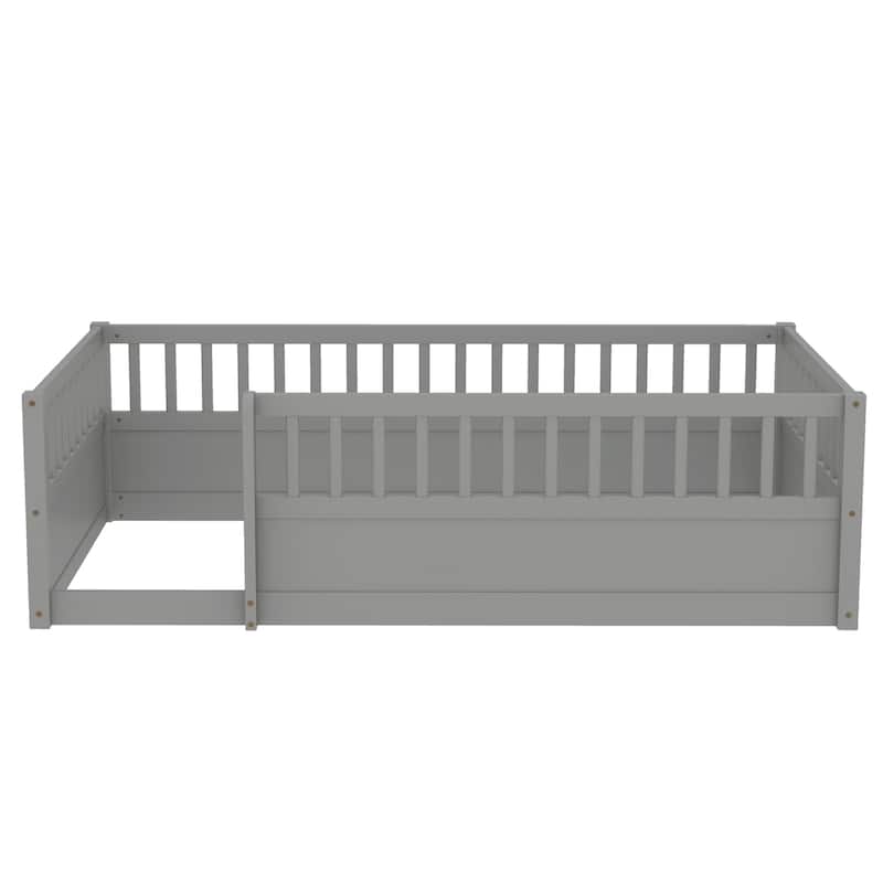 Montessori Toddler Floor Bed Child's Play Wood Bed Frame with High Fence and Open Door, No Slats - Twin Size or Full Size Option