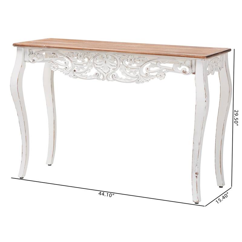 Riquin Distressed Wood Console Table - Carved Wood Accent Table with Floral Motif and Two-Tone Finishing