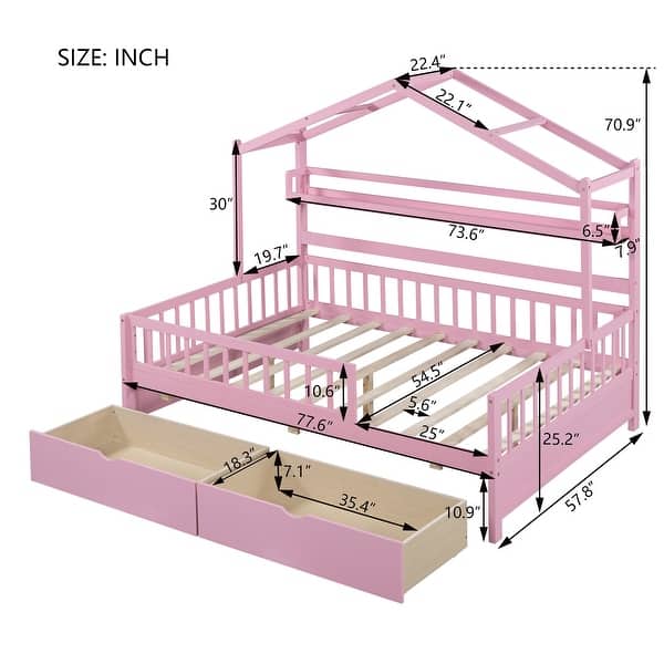 dimension image slide 2 of 3, Full Pine House Bed with Roof, Drawers, and Shelf