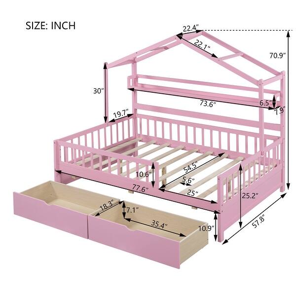 dimension image slide 2 of 7, Wood House Bed Frame, Wooden Platform Daybed with Storage Shelf, for Teens Boys Girls Bedroom Dorm