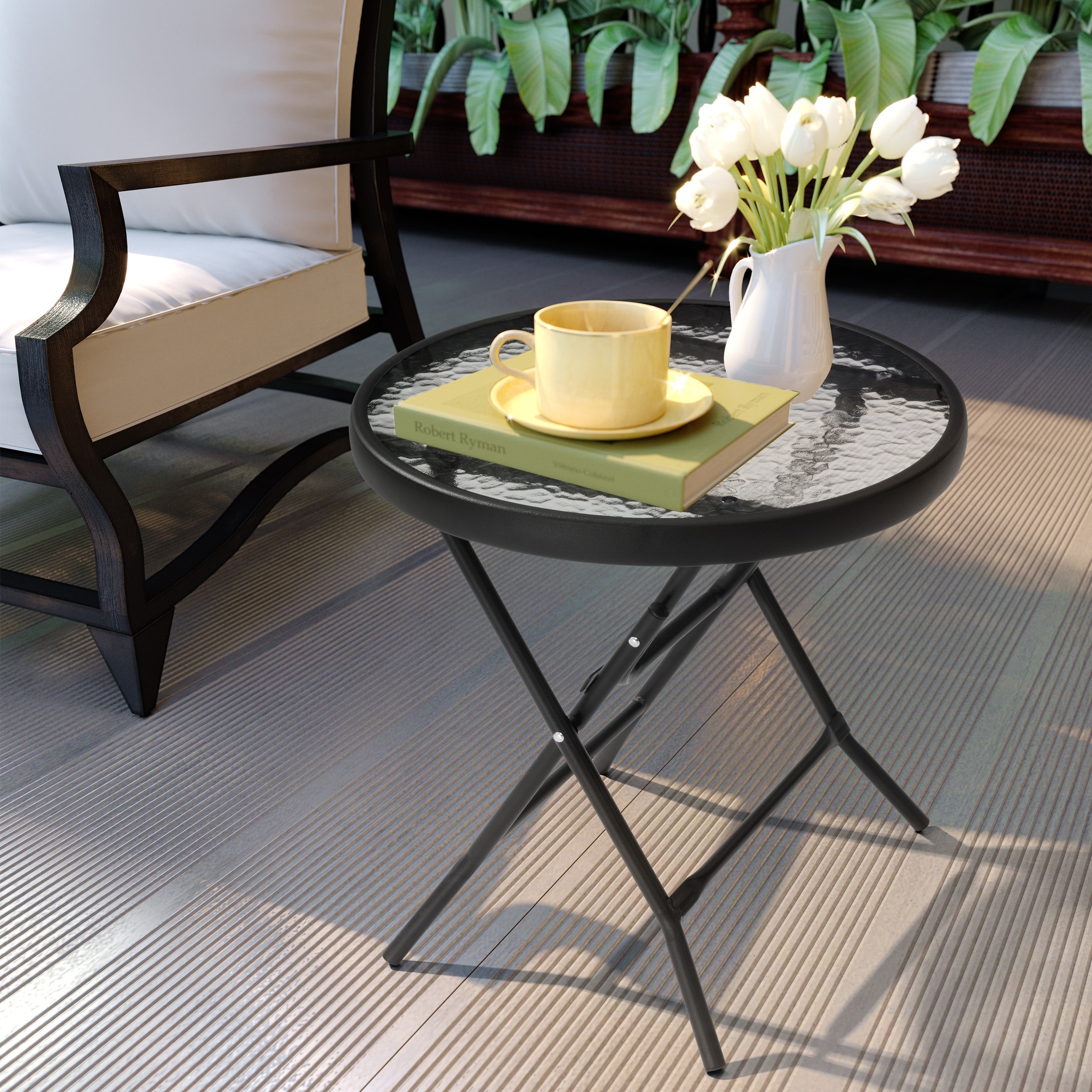 Round glass folding patio table sale