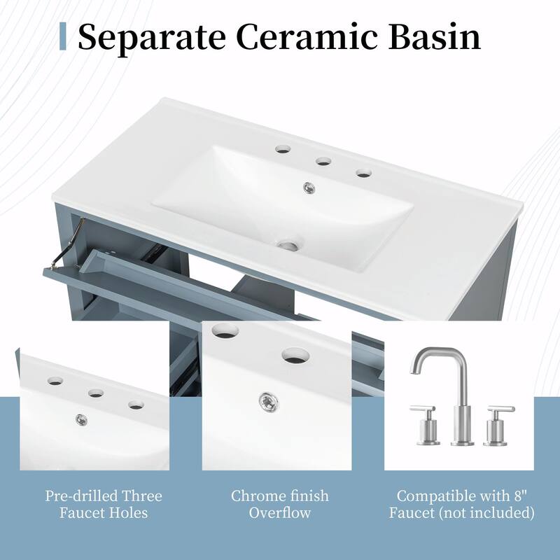 Bathroom Vanity with Sink, Modern MDF and Rubberwood Cabinet with 3 Drawers and Adjustable Shelf