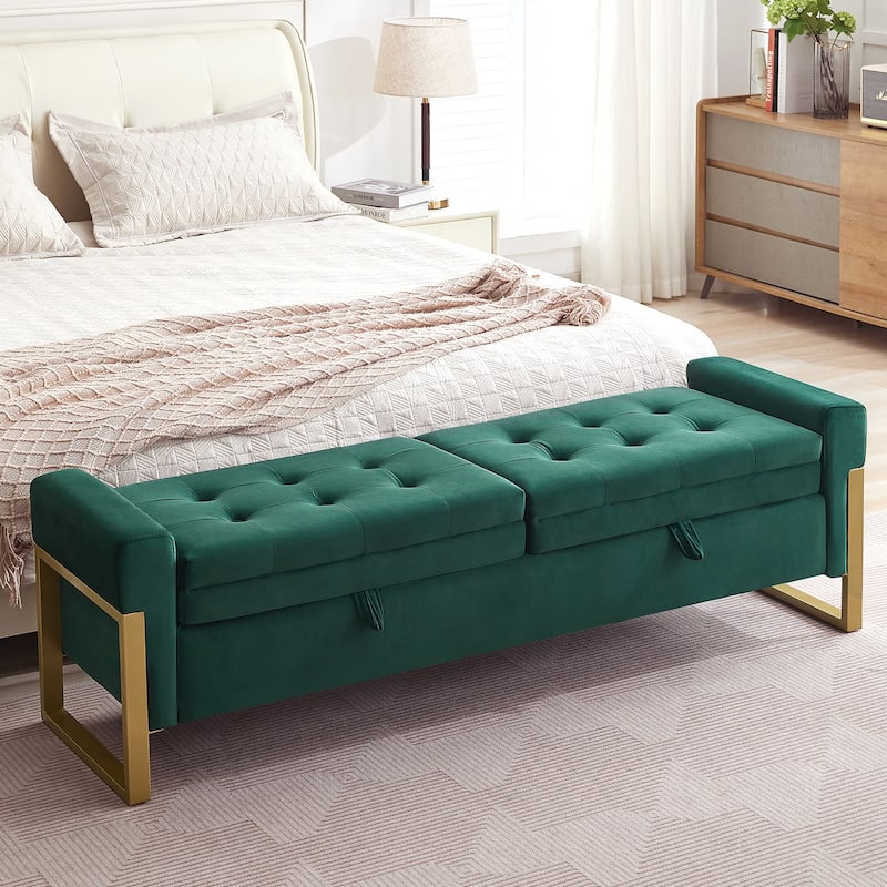 66" Storage Bench King Size End of Bed with Double Lids and Gold Legs - Green - Velvet