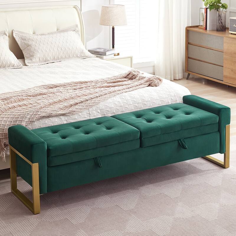 66" Storage Bench for Bedroom End of Bed with Double Lids and Gold Legs