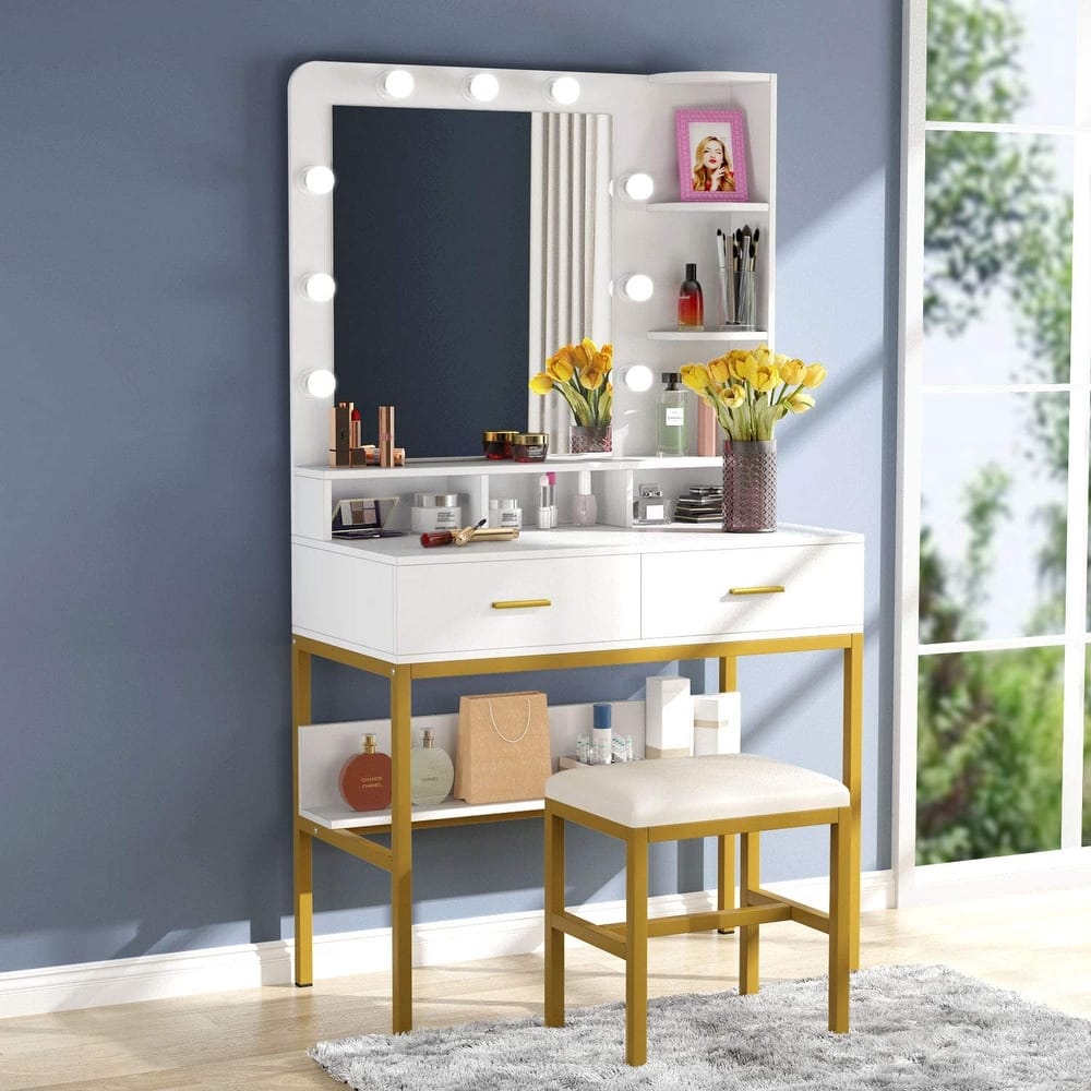 Makeup Vanity Dressing Table with 9 Lights, 2 Drawers and Storage Shelves for Bedroom