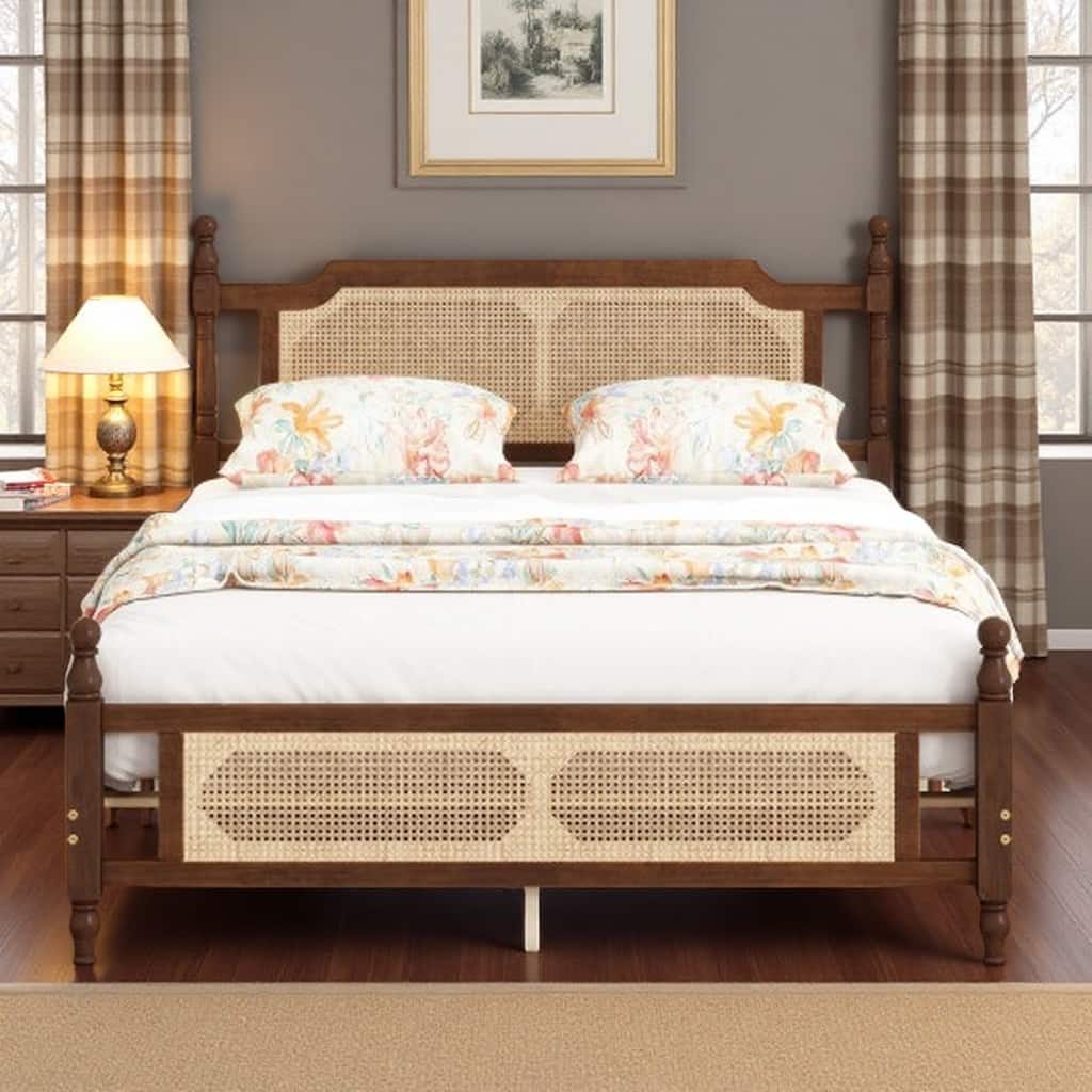 Queen Size Solid Pine Bed Frame with Woven Rattan Headboard & Footboard, Vintage Walnut Finish, Spacious Underbed Storage