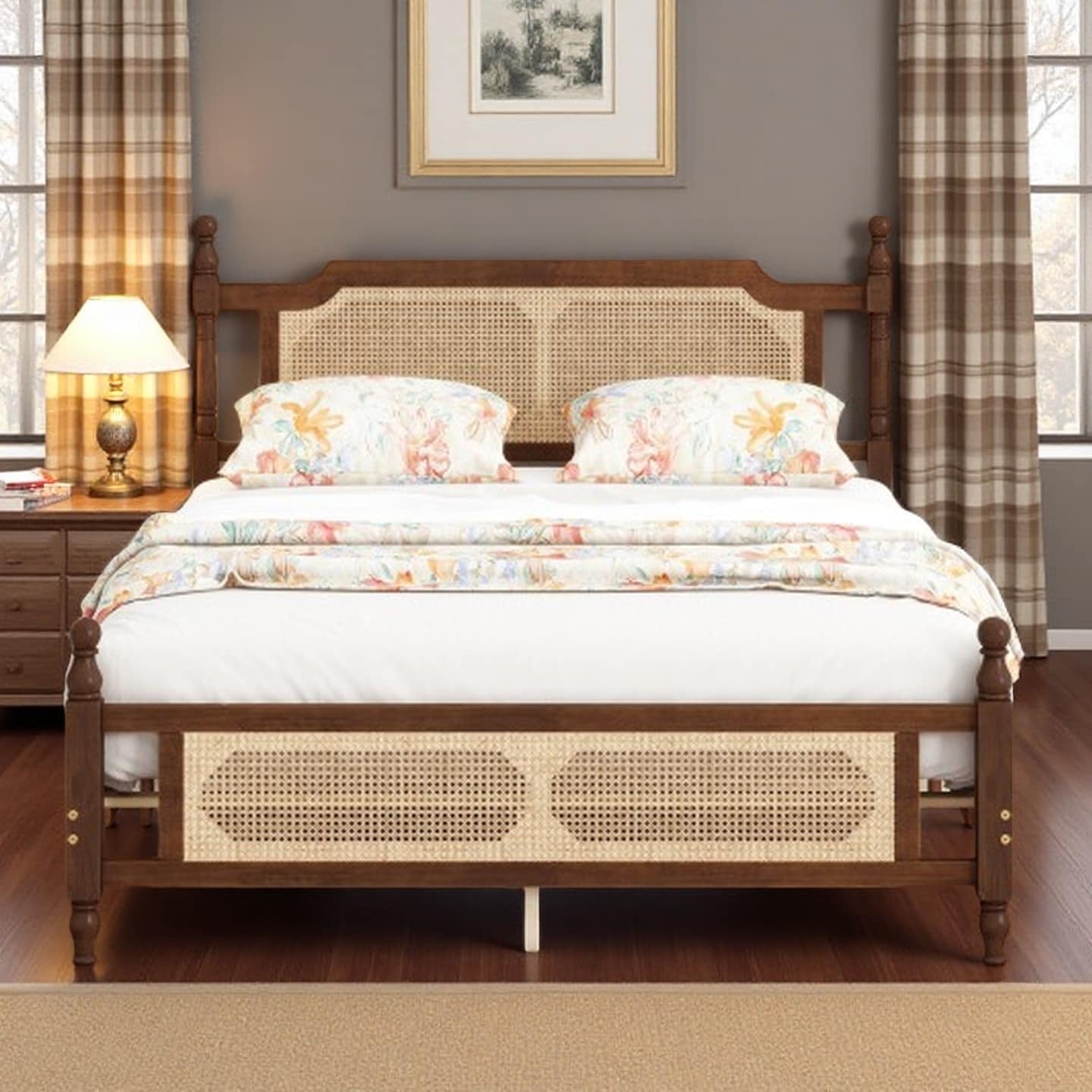 Queen Size Solid Pine Bed Frame with Woven Rattan Headboard & Footboard, Vintage Walnut Finish, Spacious Underbed Storage