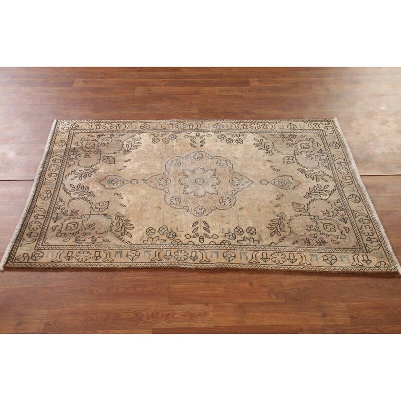 Hand Knotted Oriental 100% Wool Carpet Traditional Floral Yellow & Gold Tabriz Area Rug - 4' 8'' X 3' 1''