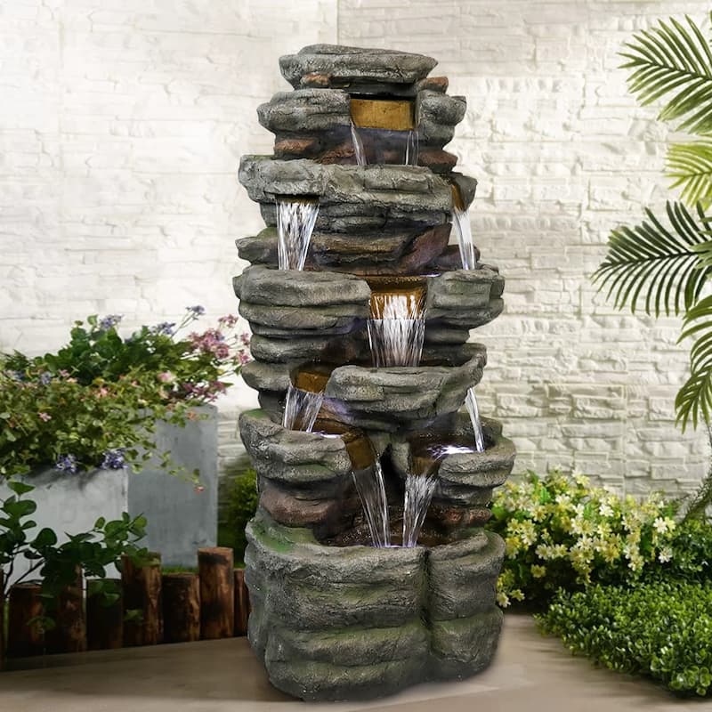 6-Tier Rock Water Fountain w/LED Lights - Waterfall Fountain for Patio