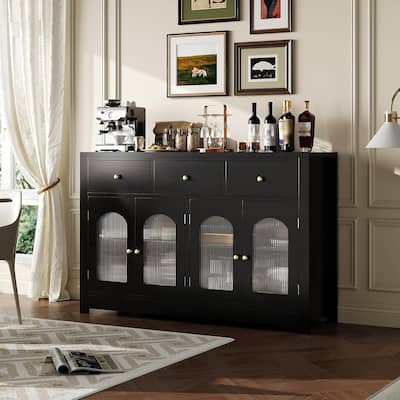 Farmhouse Large Buffet Sideboard Cabinet with 4 Doors & 3 Drawers, Kitchen Cabinet Display Cabinet with Adjustable Shelf