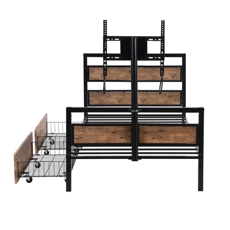 Twin Metal Platform Bed with Storage Drawers, Rotatable TV Stand, MDF Headboard - Black