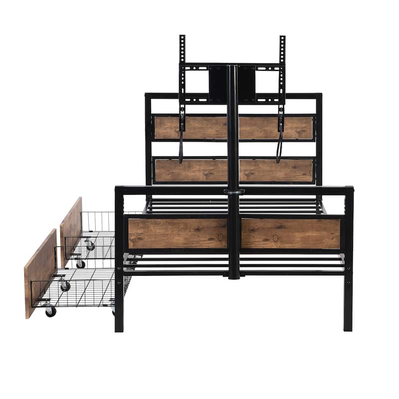 Twin Size Metal Storage Platform Bed with MDF Headboard and Footboard, Two Storage Drawers and Rotatable TV Stand for Bedroom