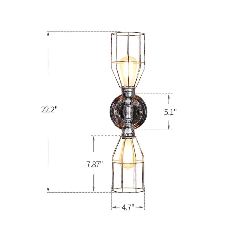 2-Light Water Pipe Wall Sconce with Metal Cages - Antiqued Vintage Industrial Light