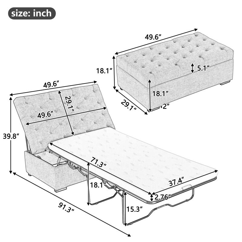 Roomfitters 49.6" Folding Ottoman Sleeper Sofa with Memory Foam Mattress and Tufted Design