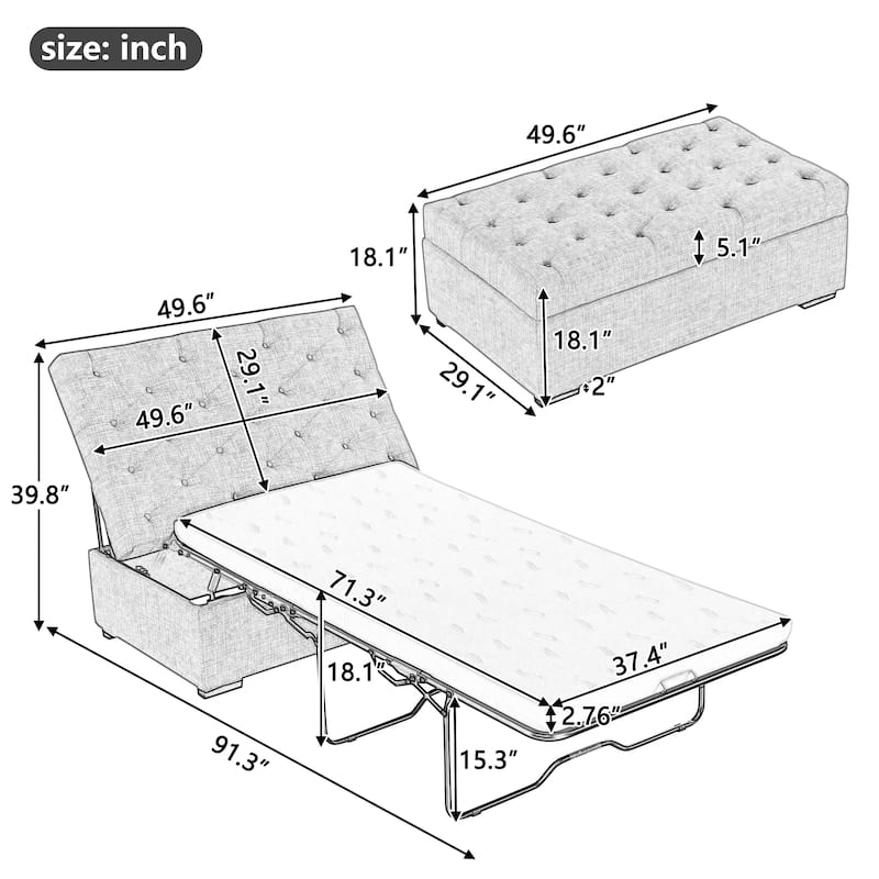 Tufted Sleeper Couch Settee, Ottoman with Folding Sofa Bed, Convertible Ottoman Sleeper with Memory Mattress