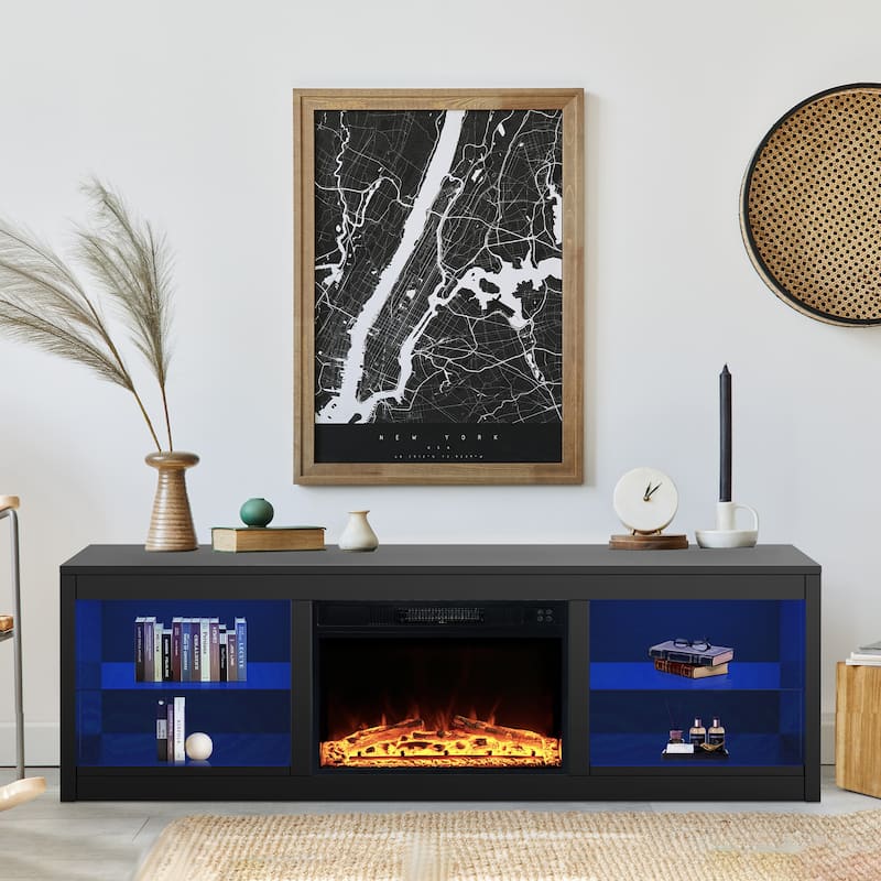 66" Modern Black Electric Fireplace TV Stands Console for 75-inch TV with Remote - 66 in console width