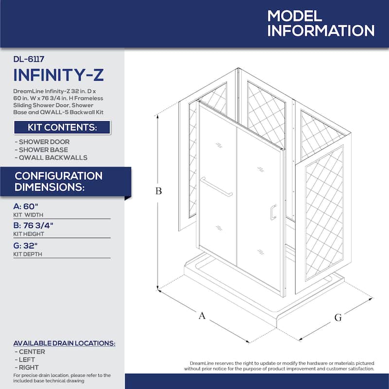 DreamLine Infinity-Z 32 in. D x 60 in. W x 76 3/4 in. H Sliding Shower Door, Shower Base and Backwall Kit - 32" x 60"