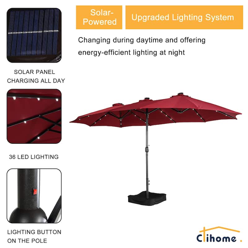 Clihome 15FT Double-Sided Solar Light Market Crank Umbrella with Base