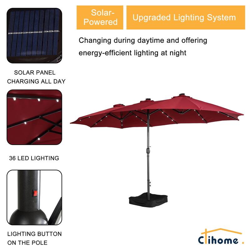 Clihome 15FT Double-Sided Solar Light Market Crank Umbrella with Base