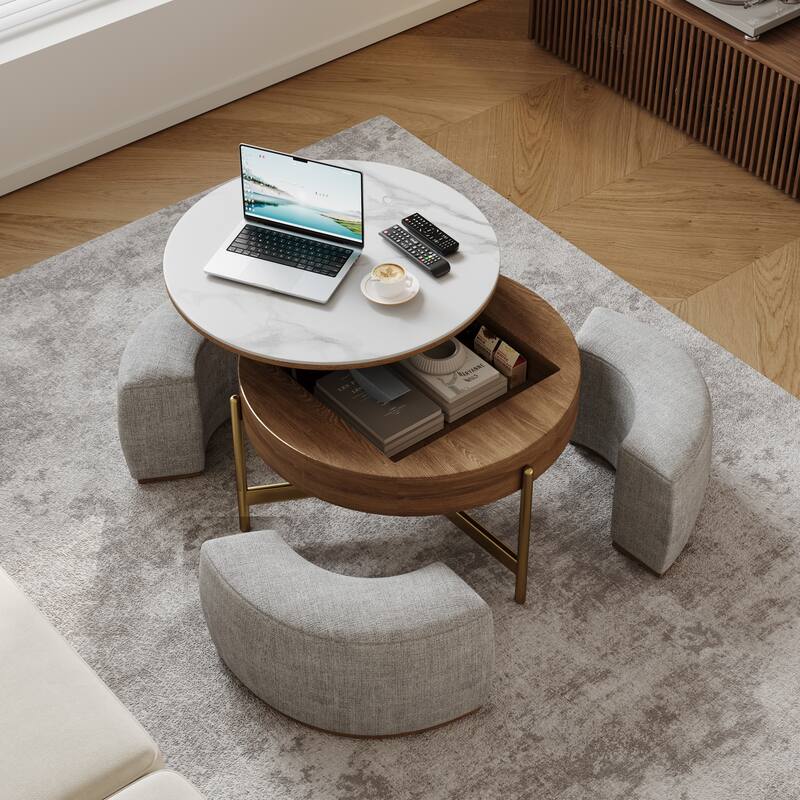 Modern Coffee Table, Lifting-top Round Coffee Table with Storage, Sintered Stone Top, Carbon Steel Legs - With Ottomans - Brown