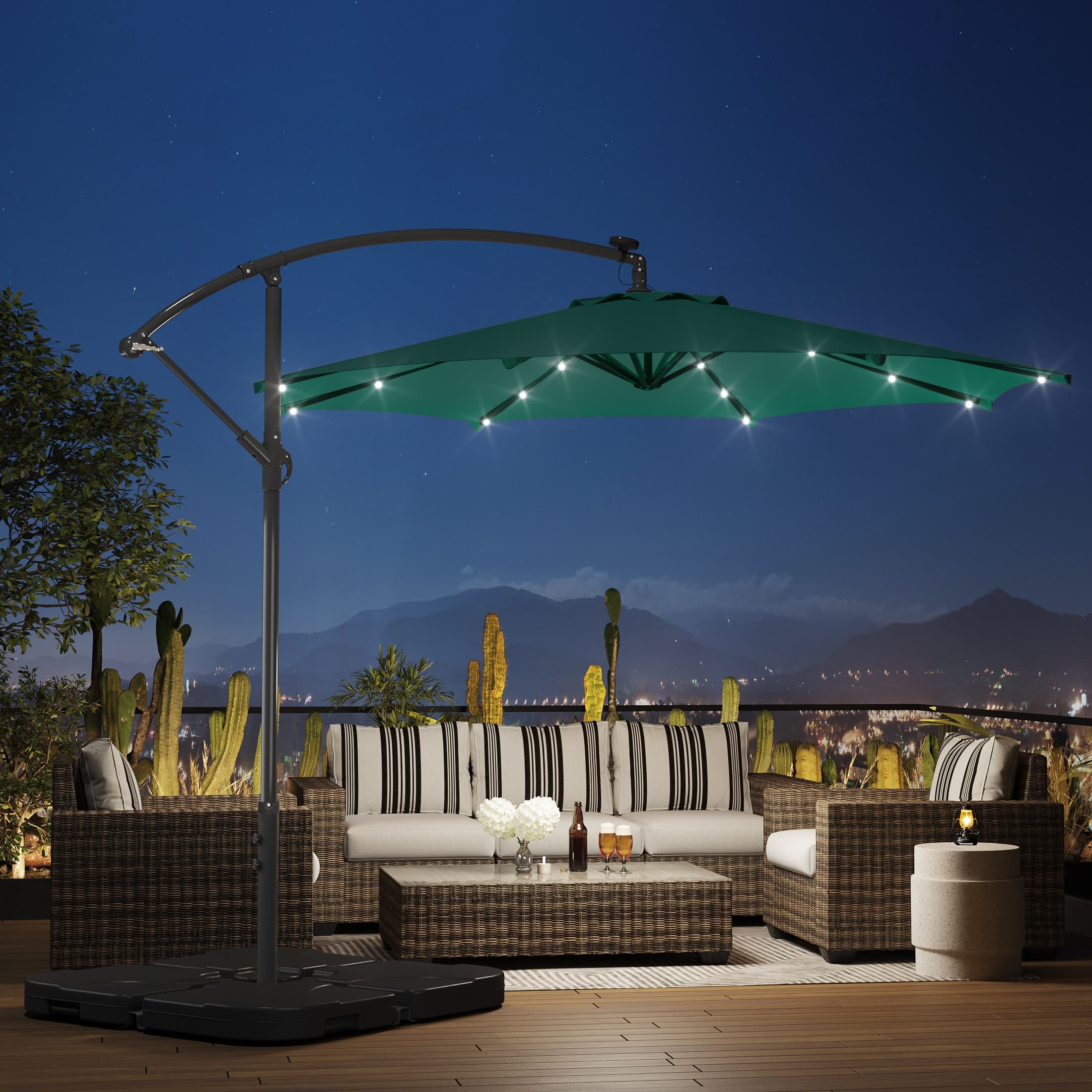 green lighted patio umbrella Rectangular Solar Light Bulb Tilt 10x6.5ft 6-Rib Evenings with your friends and family will become a bit brighter and more whimsical with the addition of a patio umbrella with LED lighting Best Choice Products 7.5ft Outdoor