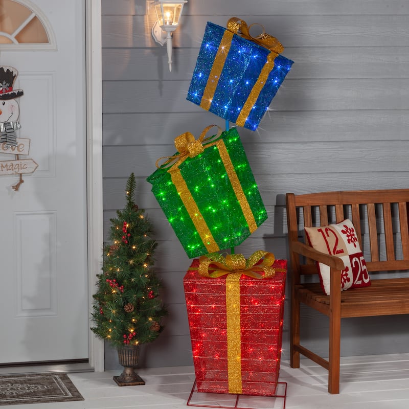 6 ft Tall Stacked Lighted Christmas Presents - Multicolor